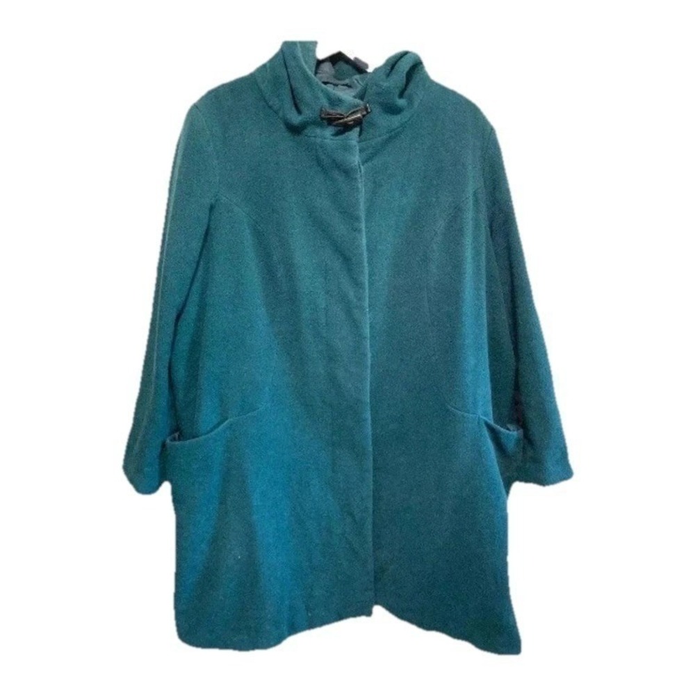 Womans Wool Blend Hooded Coat 18W Teal Toggle Button Outerwear Quiet Luxury Warm